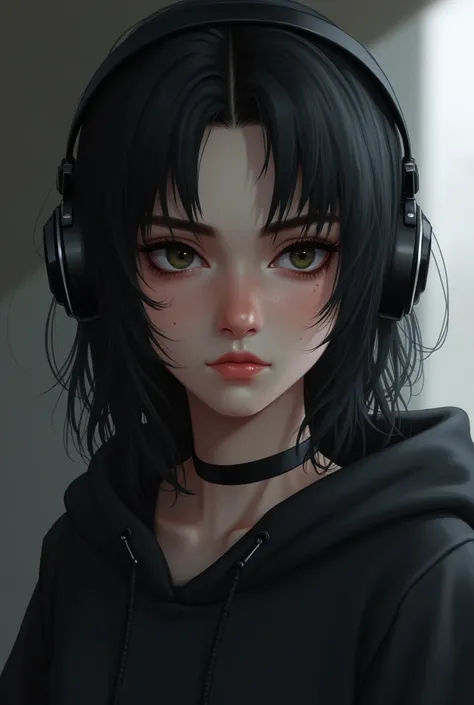 Realism female with medium short black hair, mole on right eye, glasses, black hoodie and headphone