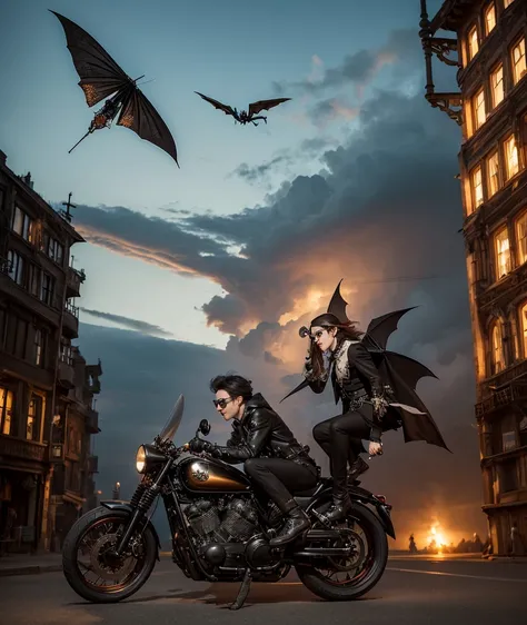 1male, elf-vampire, Gothic steampunk world, Motorbike in the sky, the motorbike more than twice as big as humans, airy, celestial, fluttering clouds, Aeroplane goggles, at the dawn, windy, The pocket watch stretches to the ground like a thread,