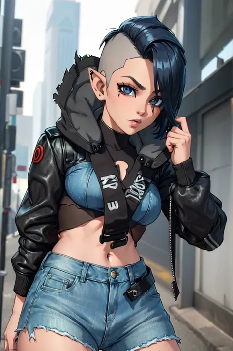 shadrowrun girls, cyberpunk style, sexy elf girl, torn tights, short denim shorts, black leather jacket, cyber implants, shaved ...