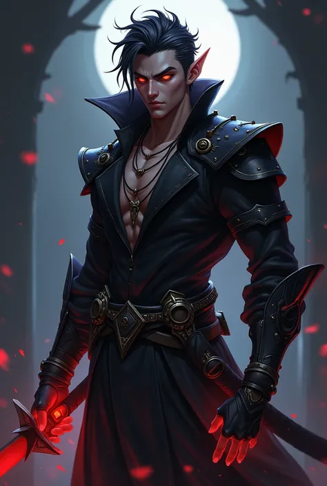 Generate an animalistic character with the following descriptions: naughty man, half-elf, powers of shadows, Eyes red, generates with an anime design, masculine