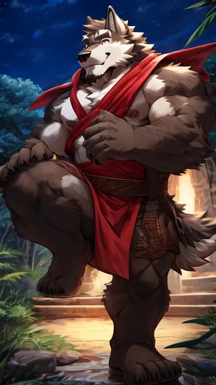 anime style, aid210, nj5furry, ((whole body)), ((monk)), standing, kick, ((plump middle-aged wolf man)), BREAK ((brown eyes)), one eye closed, beautiful beard, beautiful ears, (male face:1.3), (big face:0.5), square jawline, (Male Eyes:1.2), (sharp eyes:0....