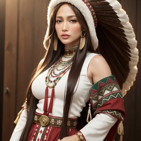 Jennifer Lopez, muscular body,big breasts,perfect face,red lips, green eyes,long dark brown hair with very long dark brown hair, super long dark brown hair with very super long dark brown hair, wearing  native American costume with native American hat ,rea...