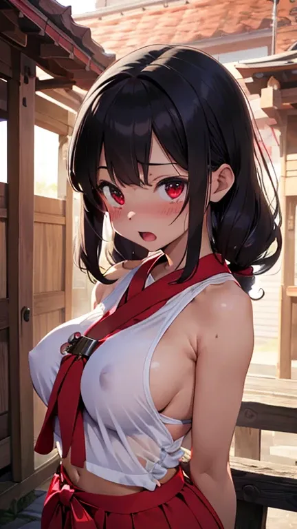 mastute piece,Best Quality,insanely detailed,8k cg,nsfw,
(shoot upper body:1.3),
(1girls:1.3),standing,looking at viewr,body in front,((both arms behind back:1.4)),(shrine maiden magical-girl costume:1.3,red mini hakama:1.4),break,
blush,shy,(ecstasy face)...