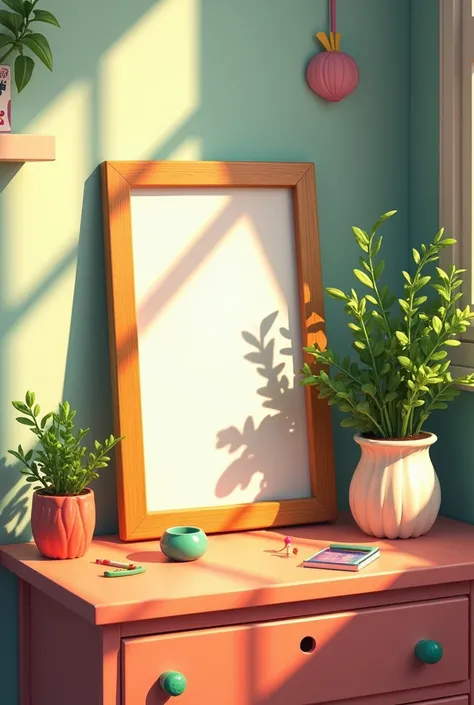 an empty picture frame on a night stand with a vase with greens, in a kids room, colorful
