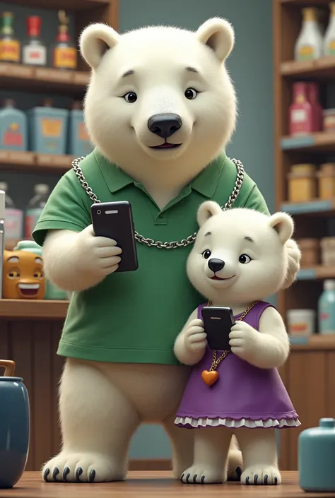 Large polar bear with silver chain, green shirt and a cell phone, Smallest polar bear with heart charm, purple dress and a cell phone taking orders for various items in a store