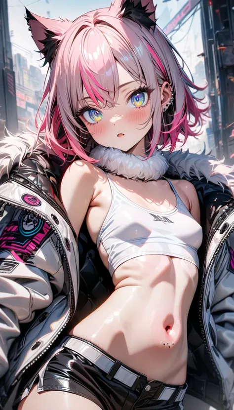 young girl short pink hair, multi-colored hair, cyan hair, cat ears, cyan eyes, multi-colored eyes, white tight tank top, open belly, small breasts, black leather shorts, white neon leather jacket, fur collar, piercing on belly, Masterpiece, best quality, ...