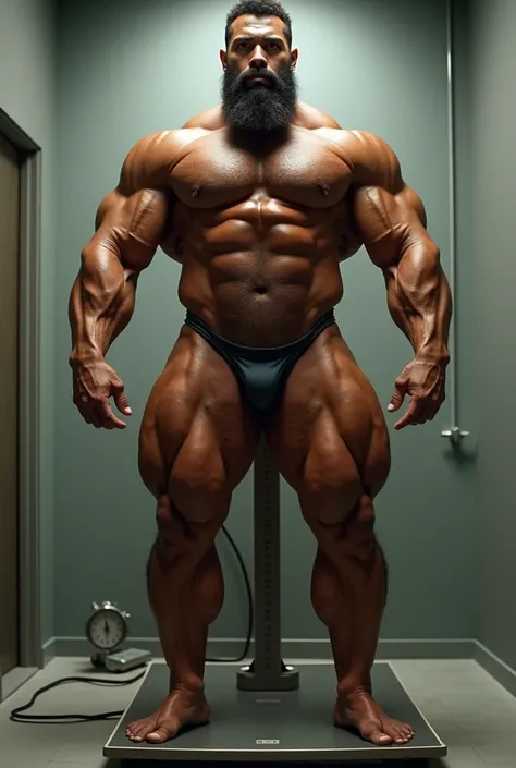 there is a hairy, bearded Puerto Rican man standing on a scale with a camera, ernest khalimov body, tall faces, athletic and beautiful, tall and muscular, incredibly strong and tall, Model posing, Mr. Universe, the perfect human male specimen, slightly mus...