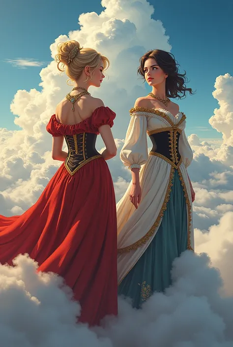 Personified Spain and great Britain empires, as two females, looking down through the clouds in an approving manner , in anime style