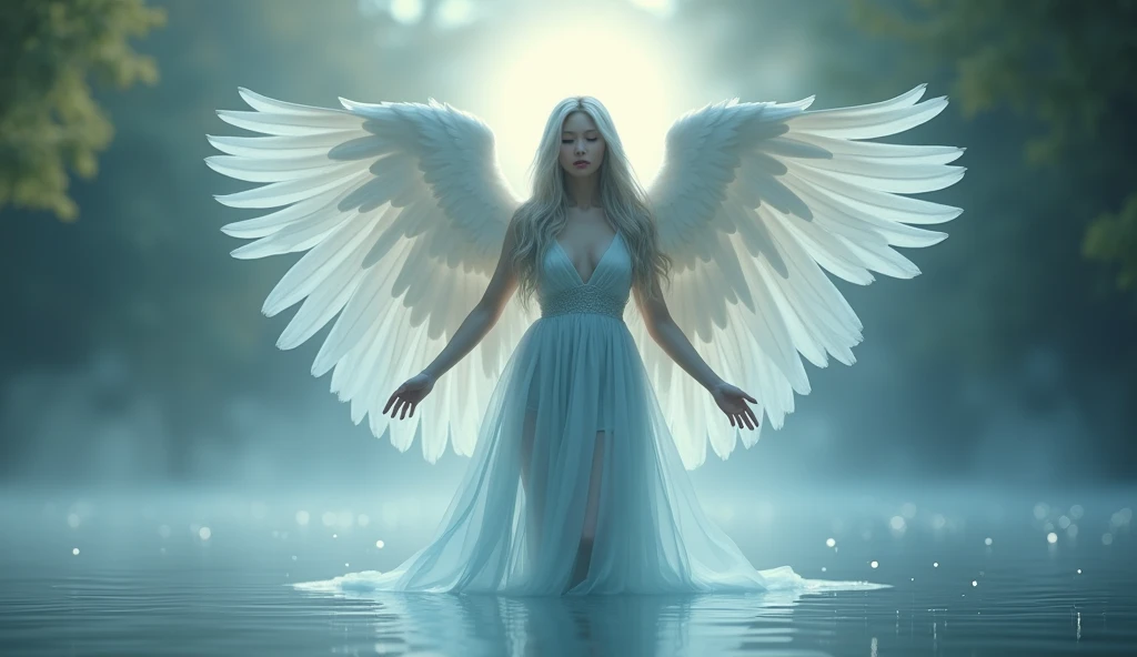 A seductive angel in a light blue and white dress, gently hovering over a calm lake, her wings softly flapping. A halo of light glows behind her, emanating a sacred aura. The angel’s long silver hair shines, and her eyes reflect tranquility and wisdom. Her...