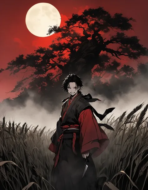 Red silk ronin costume。FOG,Standing in the wheat field。Half-length photo。black eyes。Clothes flutter in the wind。Grin。knife。おおきなknife。Short messy black hair。forehead, A young vagrant with a beard。Thin。Solitary。dark。Weird atmosphere。Japan。night。Full Moon。Red...