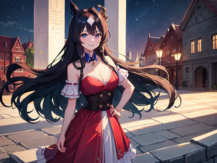 Masterpiece, high quality, 8k, HDR、Portrait。solo、１people。Horse ear beauty、smile、looking at the camera。Brown Eyes、Pink Lipstick、Beautiful breasts。Red glasses、Shoulderless blue dress。Hands on hips。Night starry sky、Brick Road。