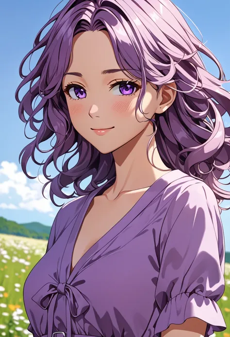 (masterpiece), (high resolution, 8k), (high detailed), women, lean body, (long waist length wavy messy hair, beautiful face, (close mouth:1.2), tired smile, amethyst casual dress, anime style, unaestheticXL_bp5, SimplePositiveXLv2