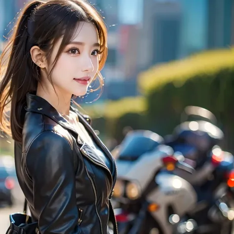 ((Highest quality)), ((masterpiece)), (detailed), ((Highest quality))、8k、High resolution、Perfect Face, Japanese、2、female、((Riding a Harley Davidson))、Blue sky in the background、Basking in the wind、((Hair swaying in the wind))、Wearing a leather biker jacket...