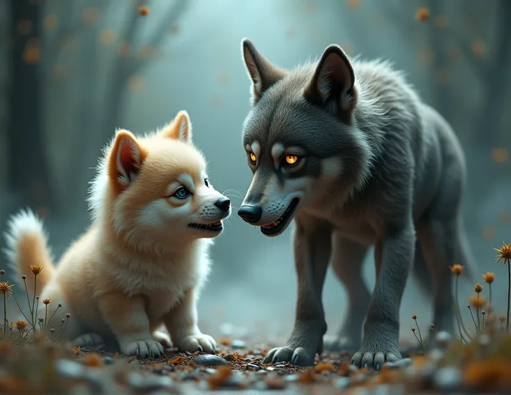 puppy with a wolf head and a werewolf with a puppy head