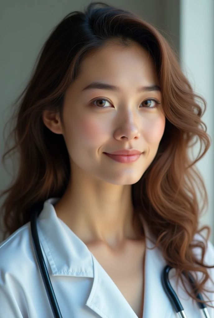 A female doctor with long brown curly hair, White skin, slanted brown eyes, big mouth, with a mole near the mouth 