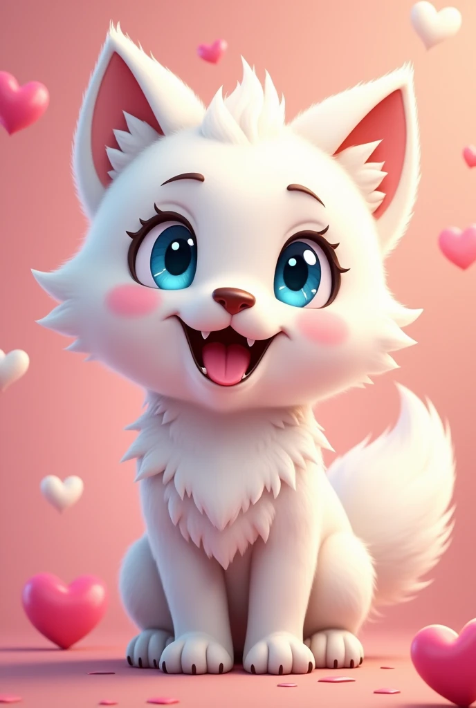 Faça uma Furry, of the wolf race, humanoid body, white coat, blue colored eyes, happy personality, hearts of lovers, very happy, with human body.