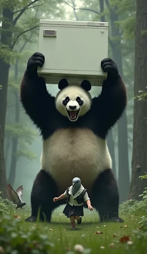 ((Giant panda holds up a refrigerator with both hands)), (short-sleeved shirt),(Angry Giant Panda), A giant panda chases after you, A grey female pigeon sprints away from a giant panda, グレーの女性のハトがオフホワイトで襟付きのshort-sleeved shirtに薄茶色のベストを着てひざ丈の黒いスカートに濃い緑の靴下と黒...