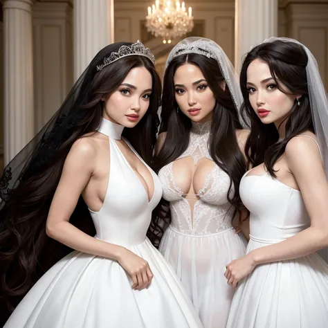 Demi rose and Jennifer Lopez with Angelina Jolie, muscular body,big breasts,perfect face,red lips, green eyes,long dark brown hair with very long dark brown hair, super long dark brown hair with very super long dark brown hair, wearing  wedding dress black...