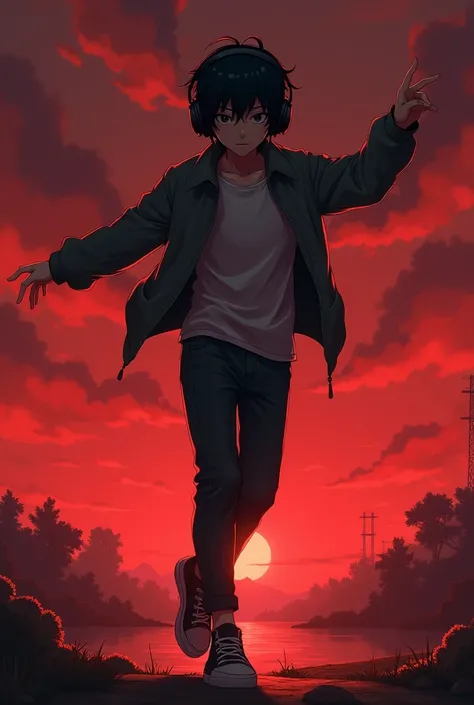 1 anime boy dancing with reddish night landscape background with headphones and a dull look