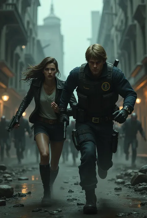 Create image of Leon and Ashley running from zombies