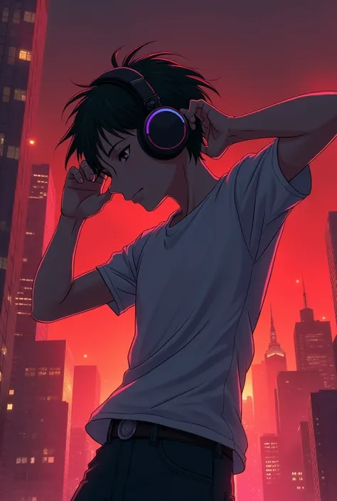 1 anime boy dancing half body with reddish night city landscape background with headphones and a dull look