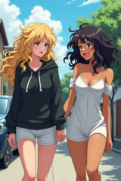 2 girl with long, disheveled curly blonde hair, Brown eyes, He is wearing a long black sweatshirt and white short sports pants., He angrily leads a woman with curly black hair, medium length, by the hand as they walk towards a car., tanned skin, She is wea...