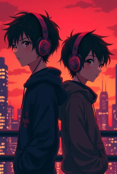 A 2 anime boy half body with a reddish night city landscape background with headphones 