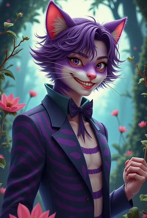 Jeon jungkook male cosplay of the smiling cat from Alice in Wonderland humanized jungkook tim burton cheshire atmosphere 