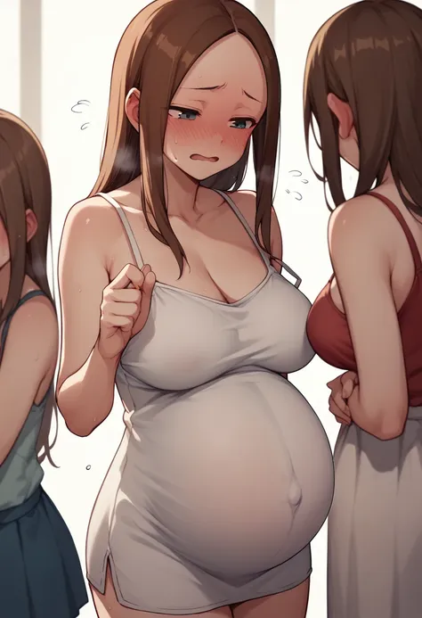 brown hair,long hair,takagi-san、large breasts、camisole maxi dress、small build、low body、embarrassed face、blush、sweat、in the heat、...