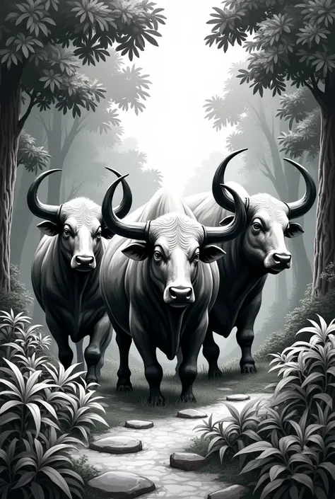 3 big bulls drawing black and white
Surroundings greens and tredd