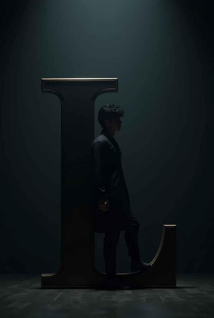 A person leaning on a large letter ‘L’ in a dark room, wearing black clothing, with moody lighting and soft shadows.”