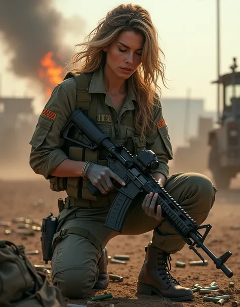 (Photorealism:1.2), sexy woman soldier, Soldiers replenishing ammunition on the battlefield.