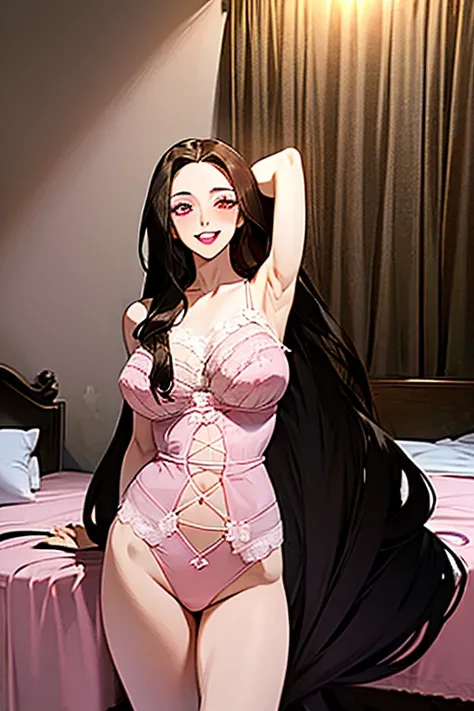 (((black hair,))), long hair, (((pink eyes))),(((forehead))), sexy, large breasts, beautiful body, masterpiece, smile, ,busty, buxom, curvy, voluptuous,Sexual Intercourse, Very detailed、highest quality、Best image quality、masterpiece、8k、Anime Face、A kind sm...