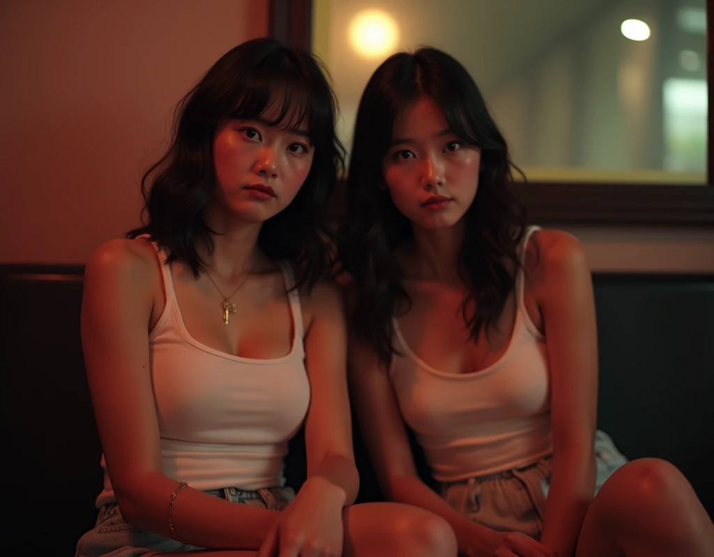 2 girls、 analog film photo, (Create a realistic and photorealistic photo image)、whole body、White tank top、Dimly lit place、Red light、Sitting、blur, tint, depth,