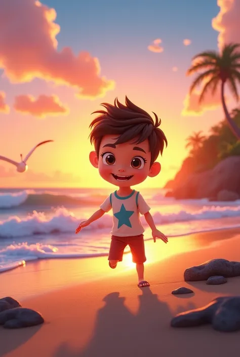 Animated boy at beach sunset