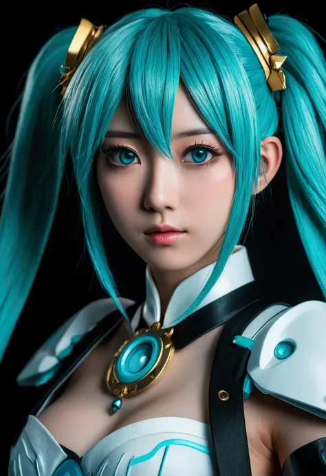 Genius cosplayer girl Keiko of Hatsune Miku, intricate detail Highly Detailed Eyes, Faded, 16K resolution, RAW, Nikon Z9, Creative, Masterpiece, Fantasy, High Definition, High Quality, 8k, Realistic, Dramatic Lighting, Soft Focus, Digital Illustration, Int...