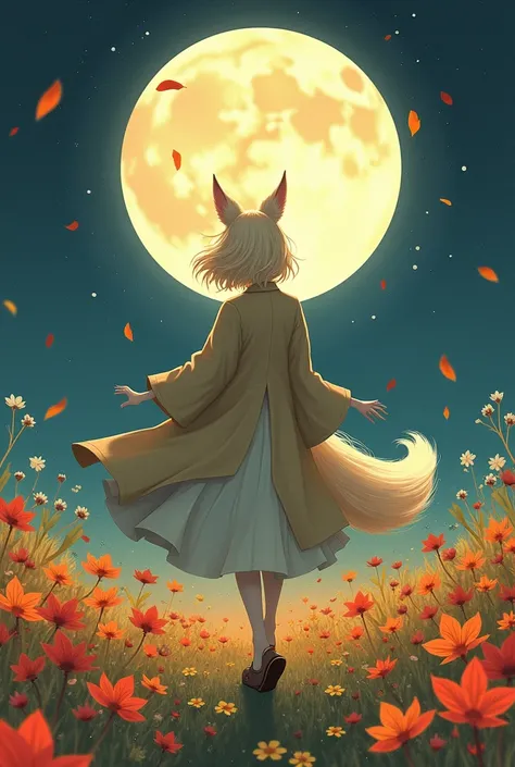 １people々々々々々々々々々々,Woman with medium length blonde hair，Fox Ears，Long coat，Takageta， Dress Silhouette， Rear View，Space Sky, Full moon background，Flower Field，Colorful flowers，Dancing Petals，autumn，autumn leaves，rain，