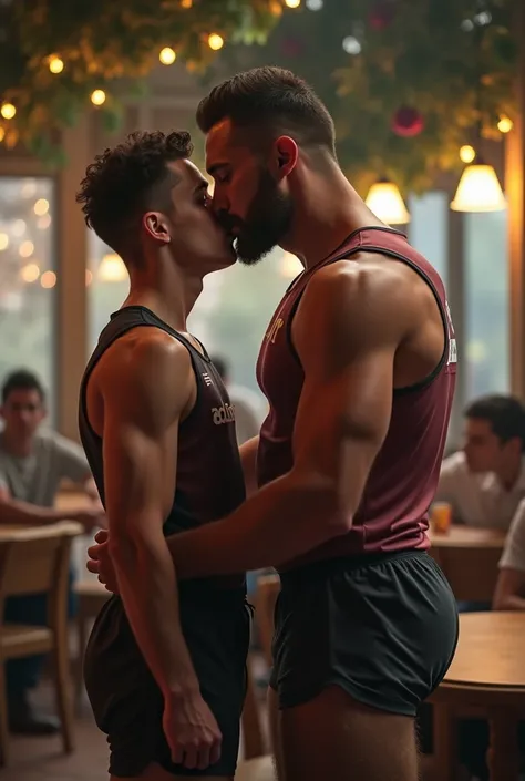 Photo realistic image of a 40 year old white teacher group, tall and beardless, muscled guy on a date in tight sports uniform on his big hairy muscular legs in love with a student boy male teenager young slim uniformed guy kissing