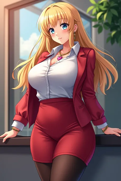 1 girl, ReikaKurashiki, red_jacket:1.2, huge breast, thick body, long_sleeves, heart_necklace, white shirt, collared shirt, pantyhose, pencil skirt, earrings, jewelry, gem, bangs, blonde_hair, blue_eyes, long_hair, (((scene : showing her big ass to view)))...