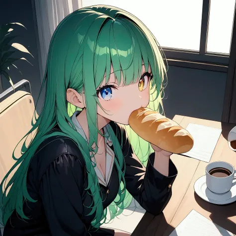 (((anime))) One woman sitting on a chair,Eating bread,Coffee cup,on the desk,Long Hair,(Green Hair),Bangs parted in the center,Heterochromia iridis,((blue eyes)),Yellow Eyes,Big eyes, black pajamas, In a dark room,Outside the window it&#39;s bright,Backlig...