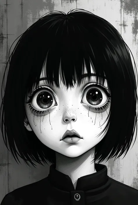 a girl with Pixie cut hair with bangs,fat girl with fat face in black white in Junji ito manga style