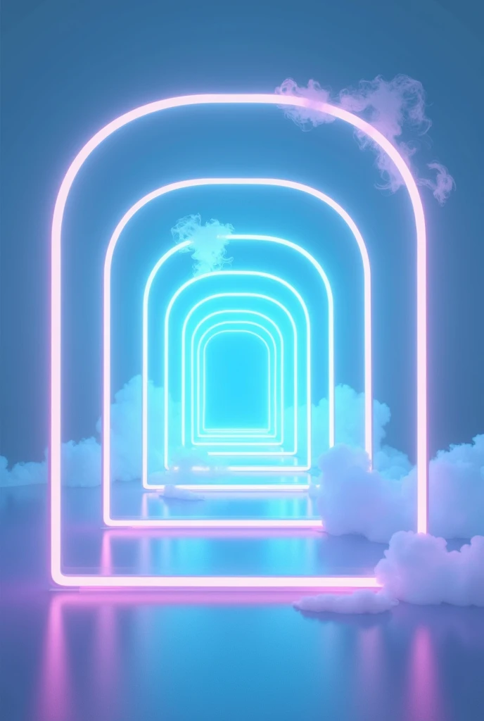 Surreal，Rounded neon picture frames overlap and continue all the way to the back，Gradually getting smaller，Blue and purple、Sparkling、Smoke comes pouring out from there.，light blue wall，Soft glow