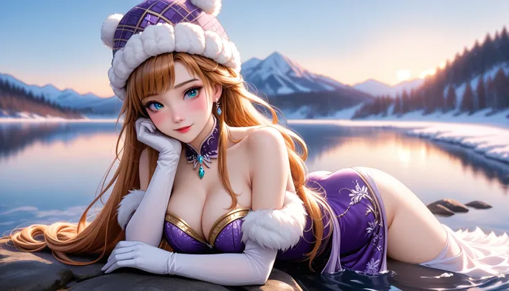 anime girl alone on a frozen lake, fur hat with golden patterns and furs, white gloves, dressed in fur with gold and purple patt...