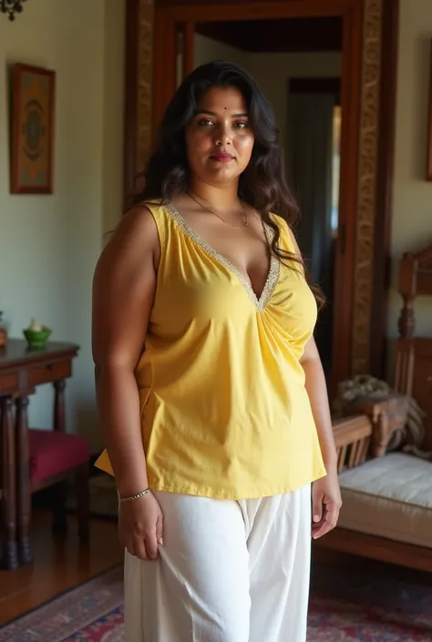 Indian kerala married curvy female white fair skin wearing sleeveless yellow salwar and white cotton sleepwear pants in kerala living room. Realistic photo. In kerala kitchen Showing cleavage. Realistic photo 