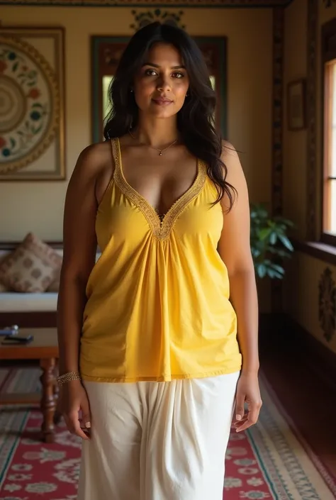 Indian kerala married curvy female white fair skin wearing sleeveless yellow salwar and white cotton sleepwear pants in kerala living room. Realistic photo. In kerala kitchen Showing cleavage. Realistic photo 