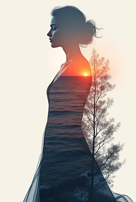 high quality, 8K Ultra HD, A beautiful double exposure that combines an goddess silhouette with sunset coast, sunset coast should serve as the underlying backdrop, with its details incorporated into the goddess , crisp lines, The background is monochrome, ...