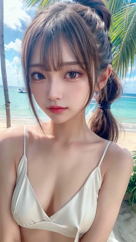 Beach,resort,Sexy White Bikini,Close-up of face,Blushing,Facing forward,Close-up of face,Small breasts,,Long hair ponytail,((8K, Raw photo, Best Quality, Mastepiece:1.2), (Realism, Photorealistic:1.4), (Highly detailed 8K wallpapers), Depth of written boun...