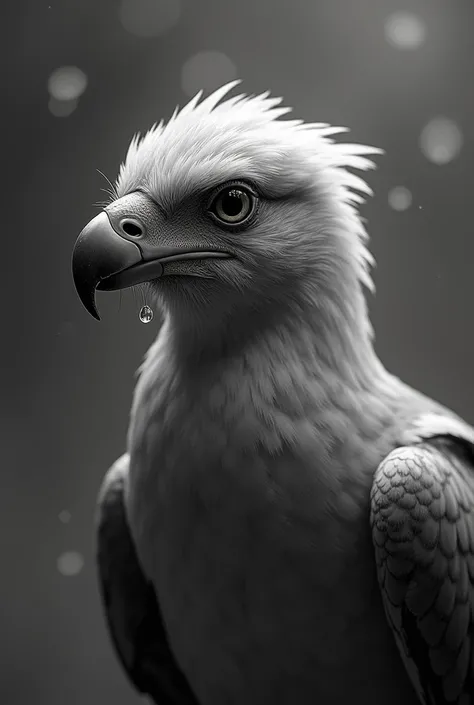 A whild Bird with normal
 mood and in black and white pic add more realistic water droplets on face. Add more micro details and add more water droplets 