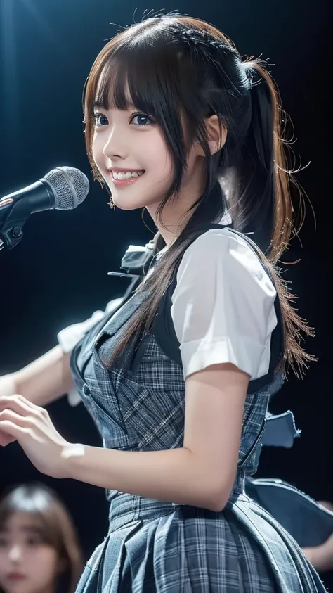 ((masterpiece, Highest quality, High resolution)), Japanese high school girl、(Realistic: 1.4), With a smile、Blushing、Great face,Glossy lips、, ponytail、(Beautiful Hair:1.5),Idol Costume、Beautiful legs、On a packed stage、Sing with a microphone、Gazing at the a...