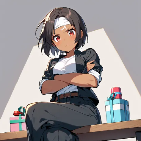 Cowboy shot, view from below, 1 girl, dark hair, dark skin, red eyes, ((black jacket with rolled up arms)), fingerless gloves, white T-shirt, ((white headband on forehead)), black pants, white shoes, brown belt, cute short hair, medium breasts, sitting on ...